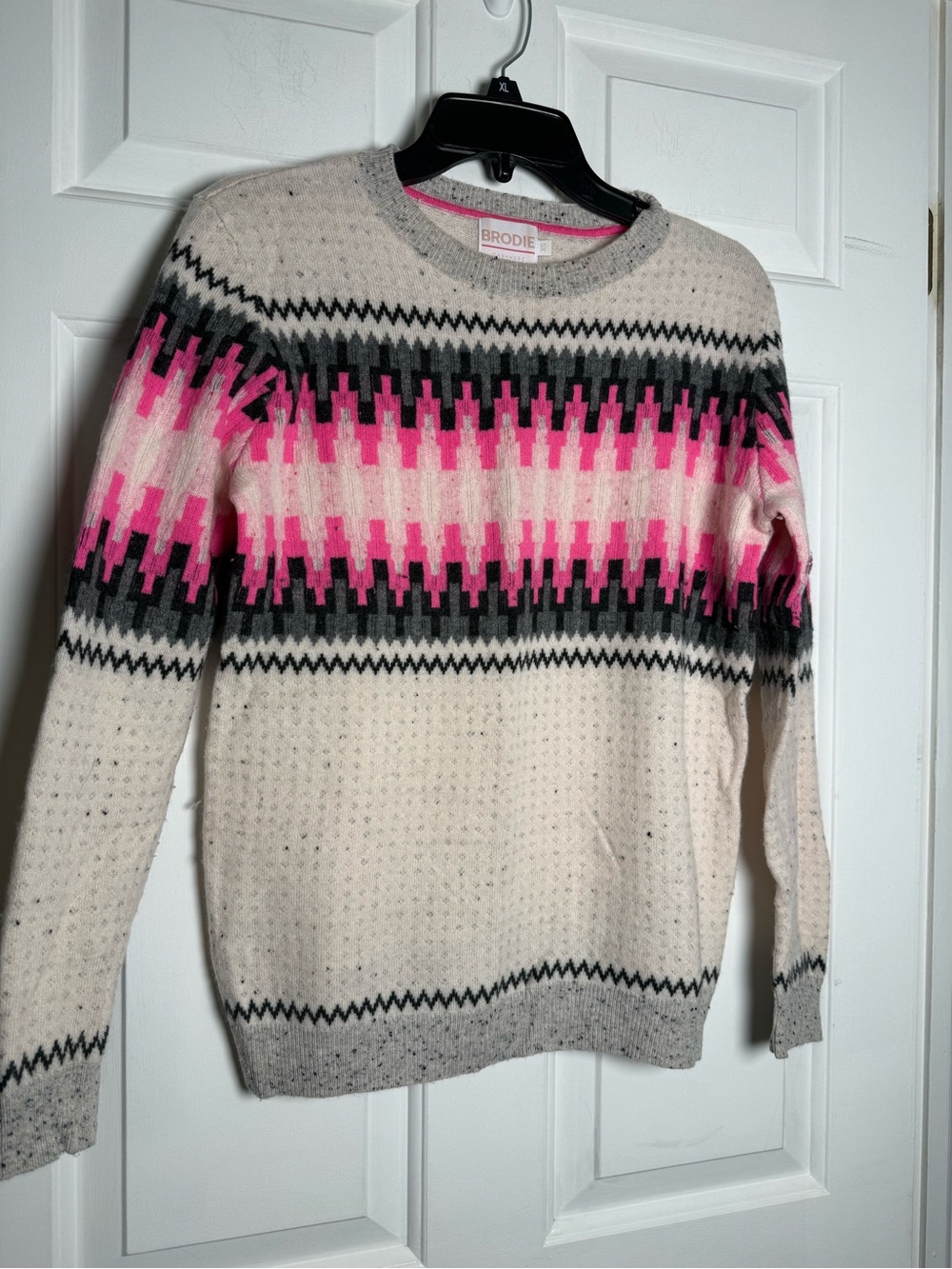 Brodie Cashmere Electric Fair Isle Pullover Sweater Neon Pink Speckled Cream XS